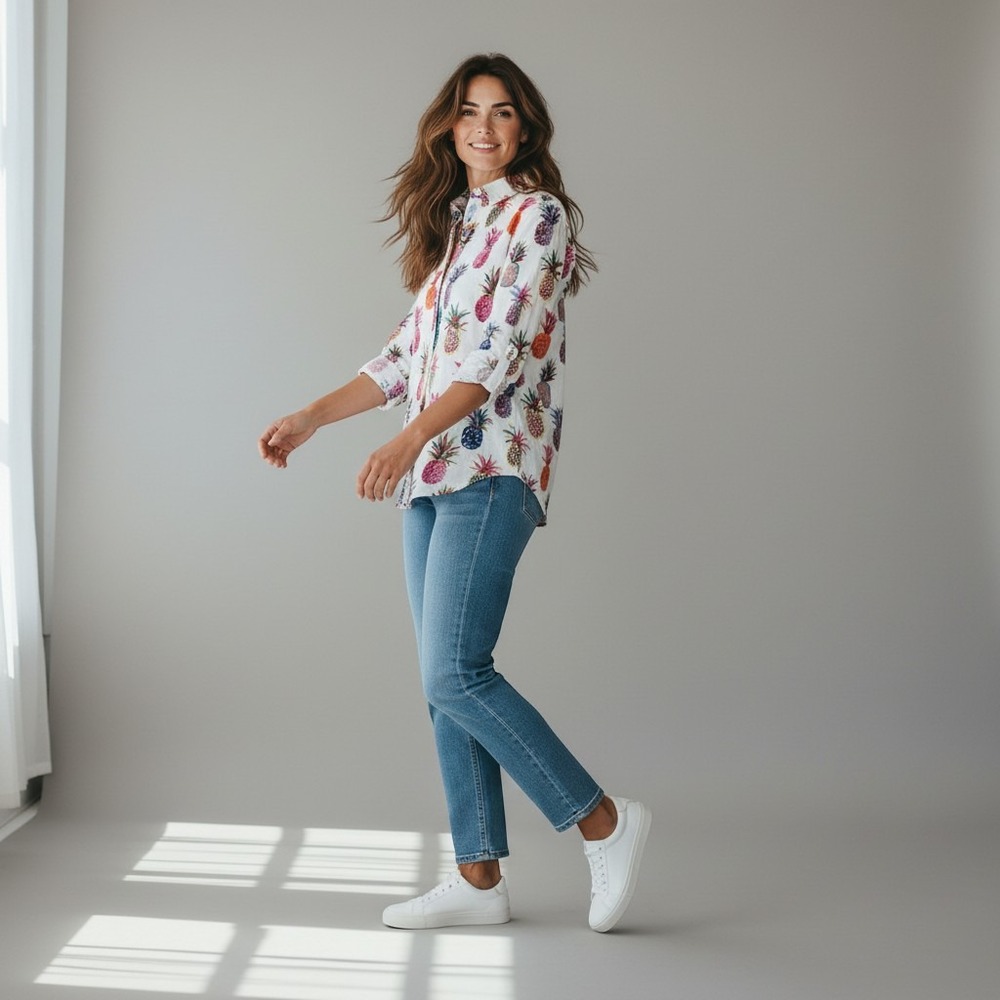 J Crew Pineapple Print Popover Blouse Womens Size 8 Tropical Long Sleeve White